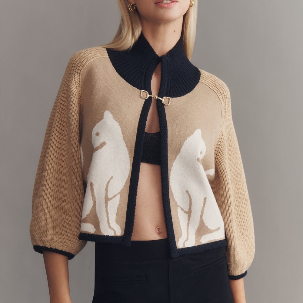 Anthropologie Maeve cat motif cream and Black Cardigan